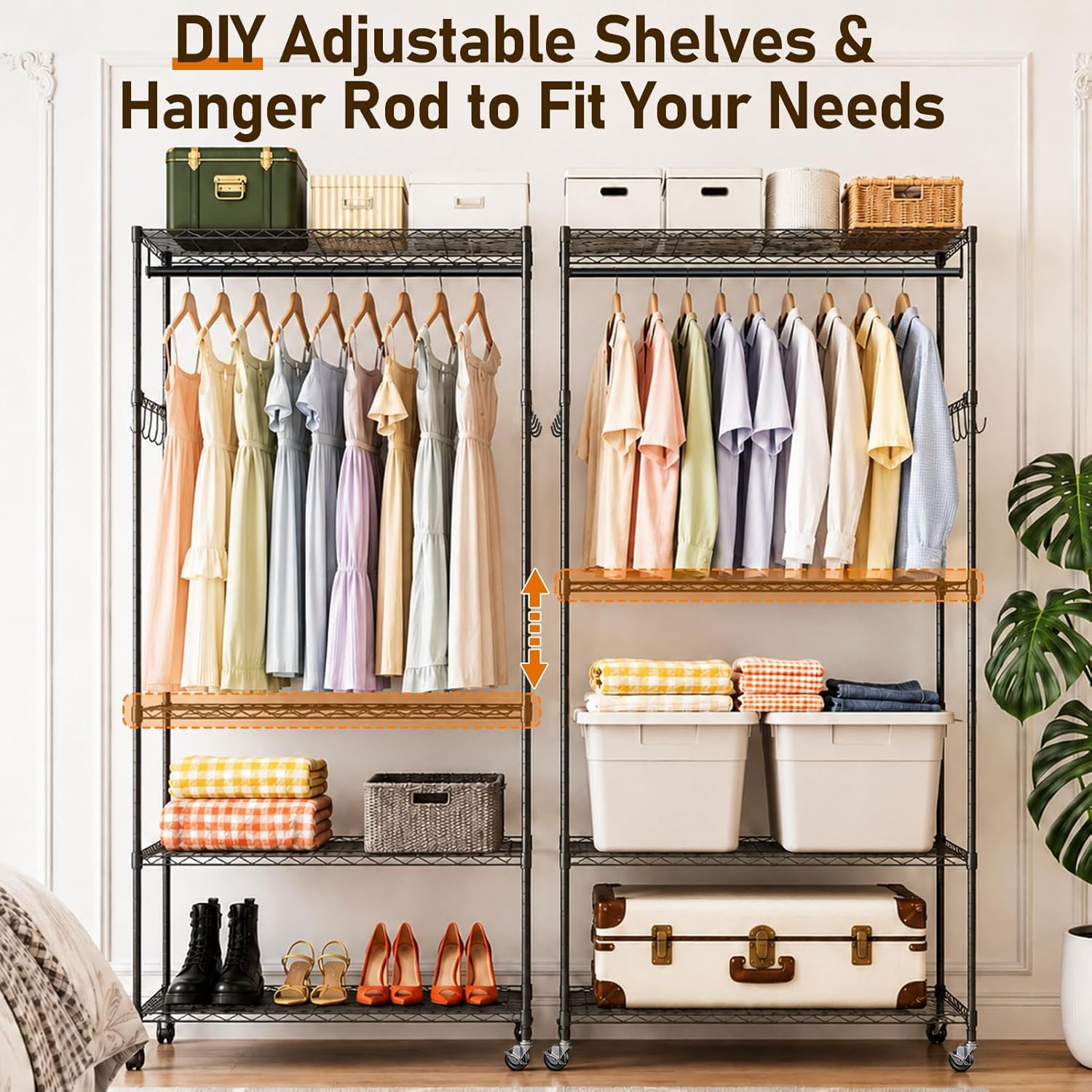 4 Tier Heavy Duty Wire Garment Rack, Adjustable Rolling Clothes Rack with Hanging Rod & Hook, Portable Closet Storage Organizers for Hanging Clothes, 35.4"W x 15.75"D x 70.9"H, 396LBS, Black