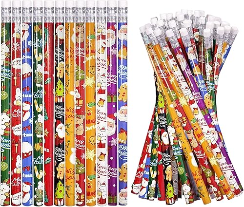 Miniatura 8 de 24 lápices de Navidad con borrador, lápices de madera de Navidad, muñeco de nieve, Papá Noel y alce, lápices surtidos de papelería de Navidad,