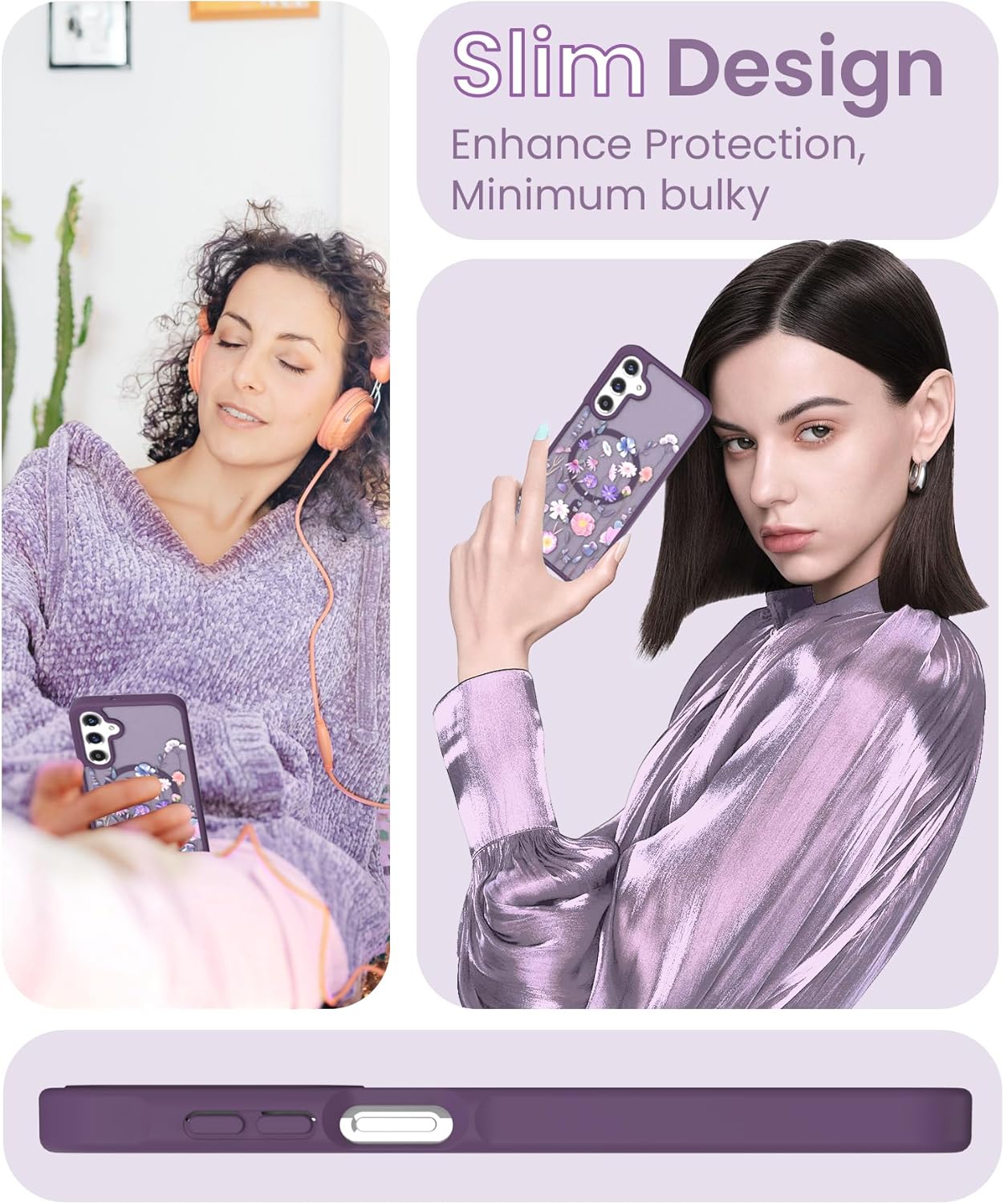 for Samsung Galaxy A16 5G Floral Phone Case with 2X Screen Protector, Military Grade Magnetic Translucent Matte Girls Women Flower Pattern Protective Cover for A16 5G (Deep Purple) | 2X Screen Protector, Military Grade, Magnetic, Translucent, Matte, Girls Women - Image 5