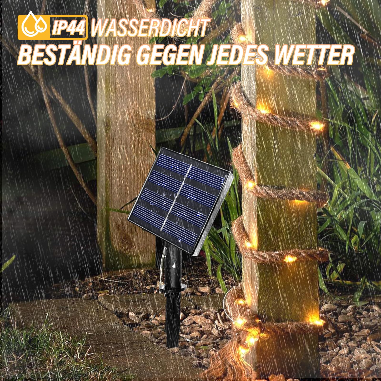 15M Solarseil Lichterkette mit 300 LEDs, Solar Hanfseil Lichterkette mit 8 Beleuchtungsmodi Wasserdicht für Gartenterrasse Balkon Schaukel Stamm Dekor