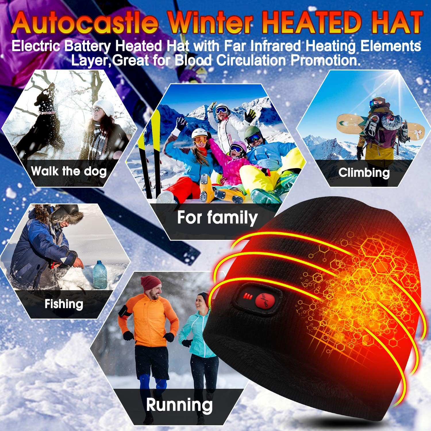Autocastle Men Women Rechargeable Electric Warm Heated Hat Winter Battery Heat Skull Beanie - Image 8