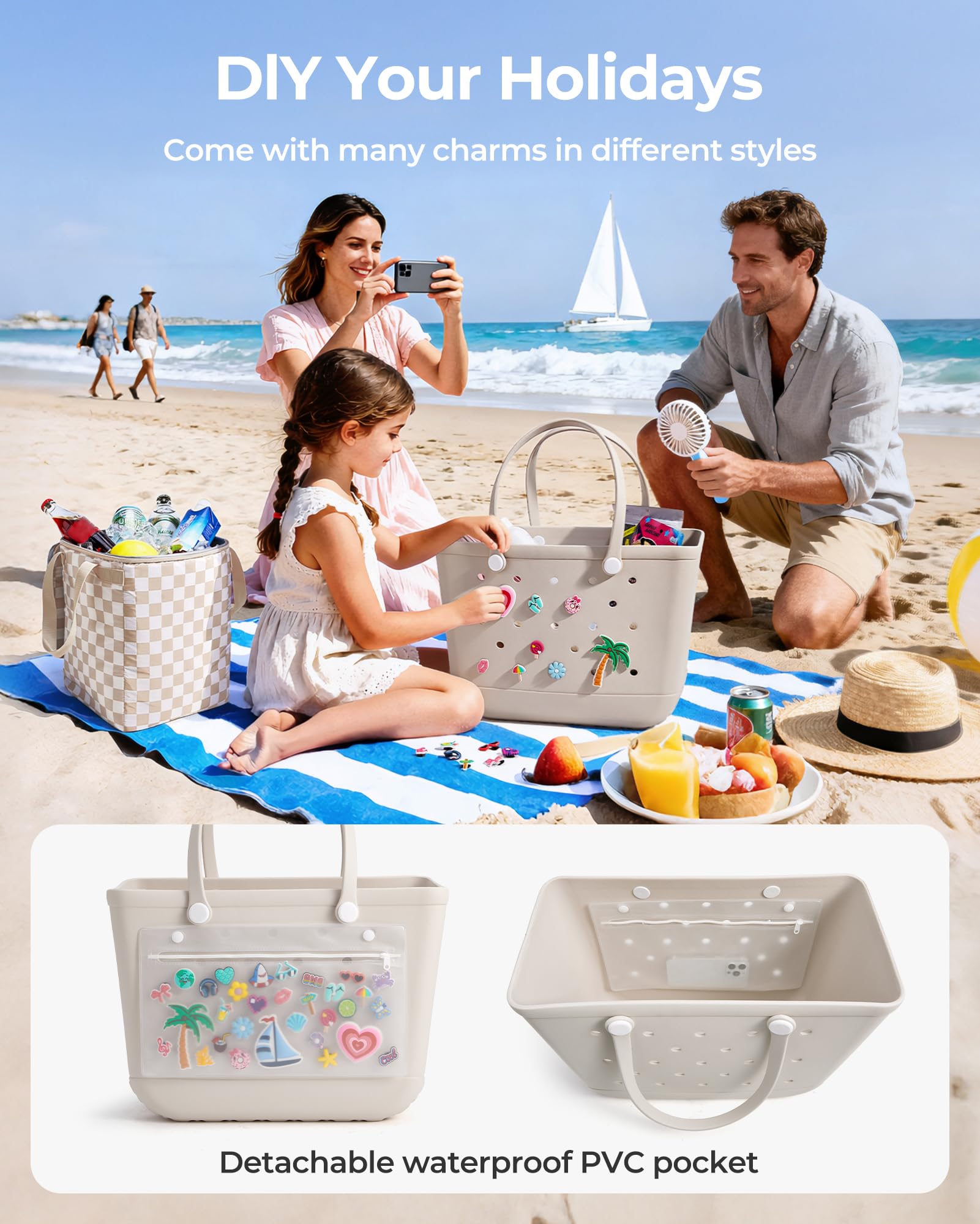 BAGSMART Large Beach Bag for Women with Cooler, Rubber Tote Bag with Charms, Waterproof Vacation Essentials for Swim Pool — view 5