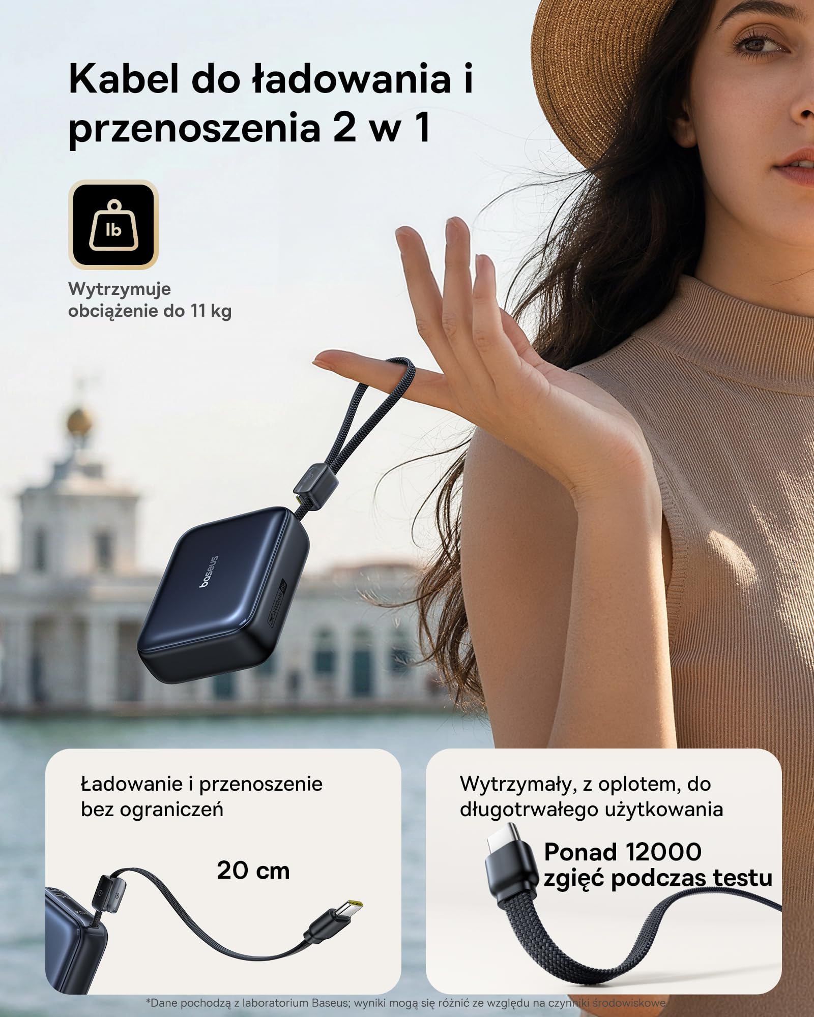 Baseus AC22 Mini Powerbank 20000 mAh, 45W PD – niewielki powerbank z wbudowanym kablem USB-C, przenośna bateria zewnętrzna w kieszonkowym formacie do iPhone'a 17/16/15, Samsunga S26/S25 Ultra, iPada