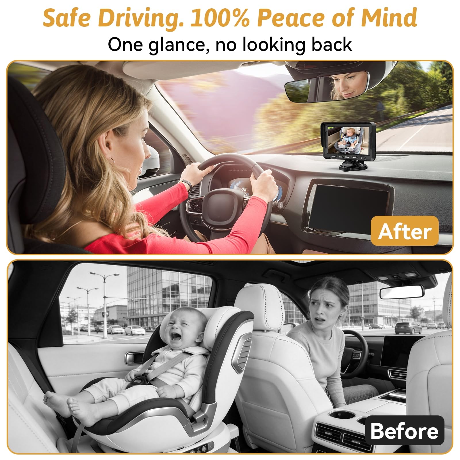 Cámara HD 1080P para coche de bebé con luz ajustable: visión nocturna clara para mantener la tranquilidad para viajes diarios y viajes largos por carretera, visión amplia de 150°, fácil configuración | Cámara de asiento de coche para bebé orientado hacia