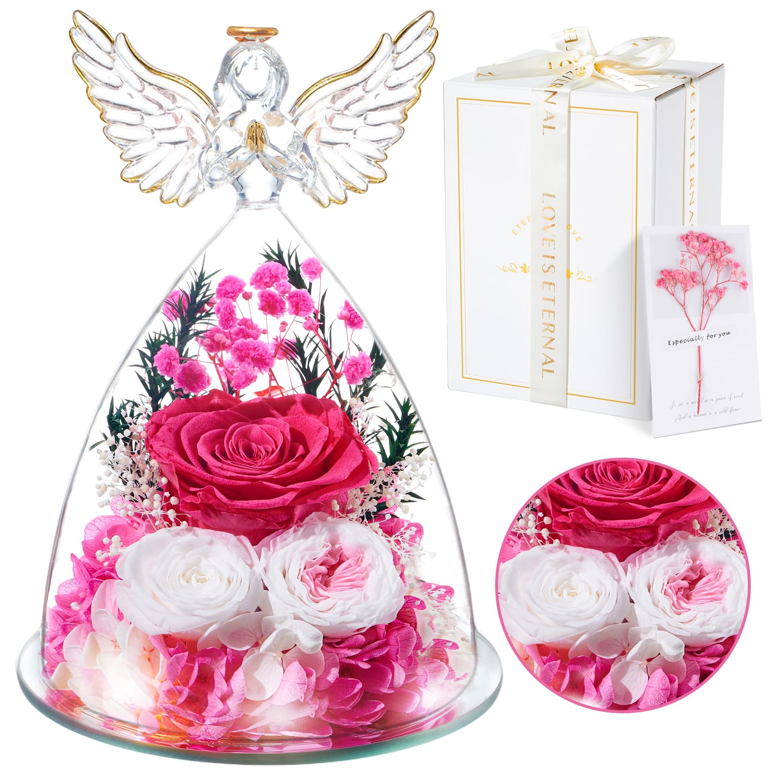 Mother's Day Preserved Real Rose Gift for Women, Forever Rose in Glass Angel Birthday Gifts for Mum Women Wife Grandma, Eternal Flowers Present for Her on Christmas, Anniversary, Mother's Day