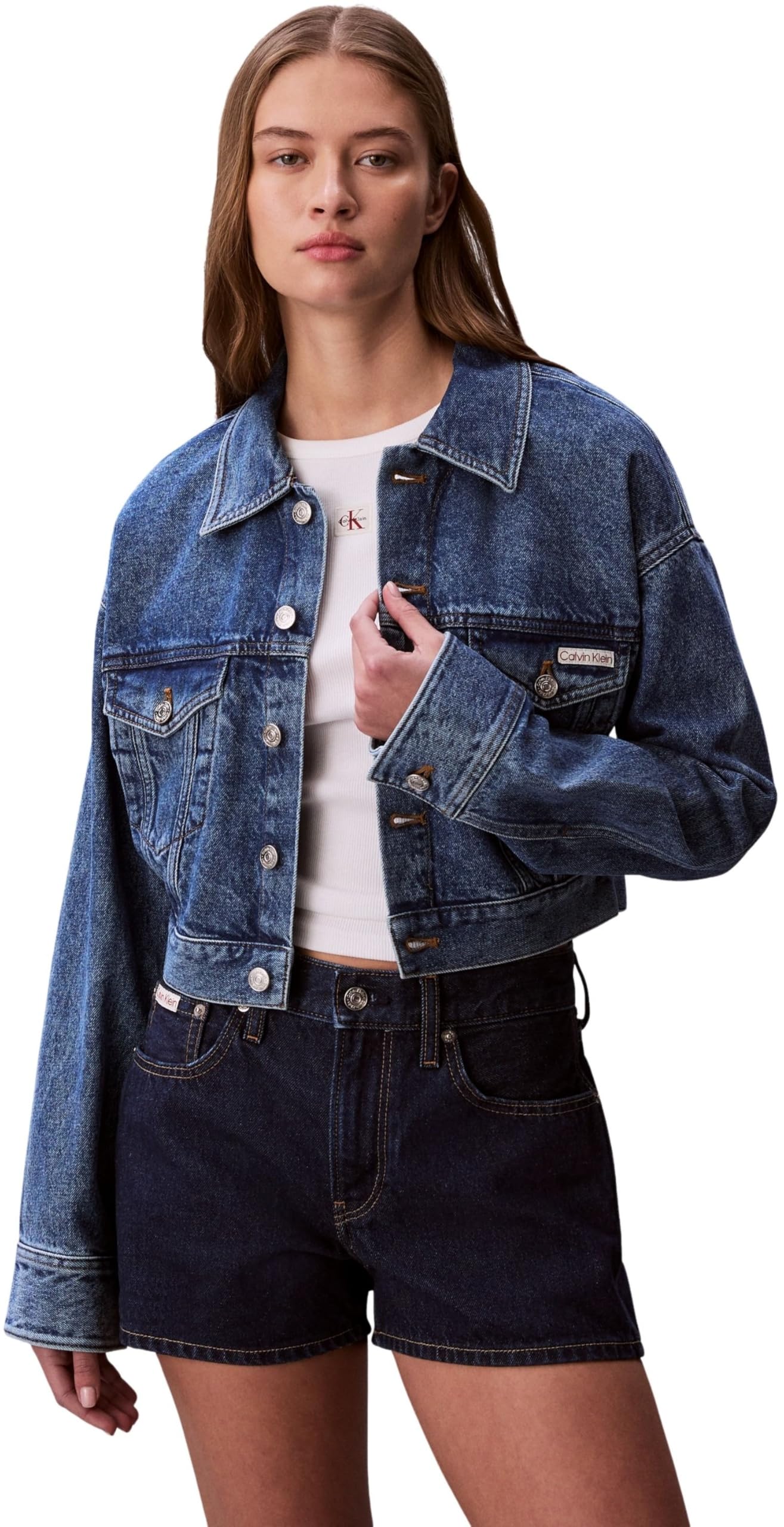 Calvin Klein Women’s Denim Jacket Cropped Trucker with Chest Pockets, Blue (Blue Caroline), M
