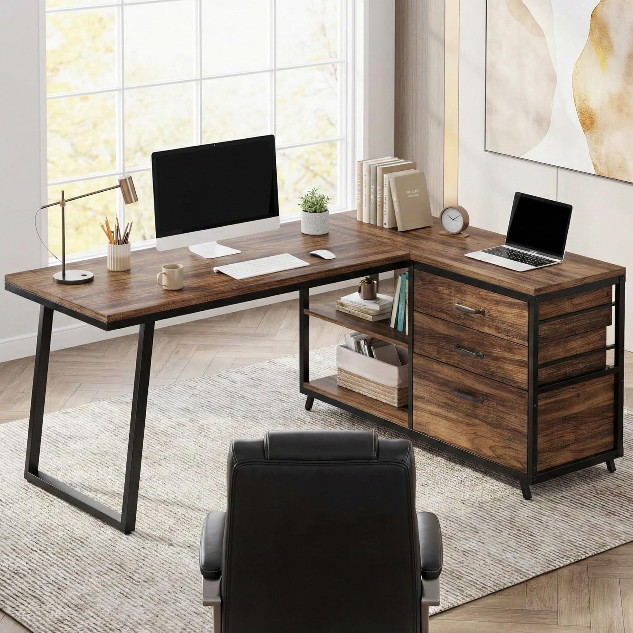Lailang 134cm Scrivania, Tavolo Angolare, Scrivania Con Cassetti, Scrivania In Legno, Scrivania Studio Casa, Scrittoio Vintage, 134 x 50 x 74 cm, Marrone Rustico Nero