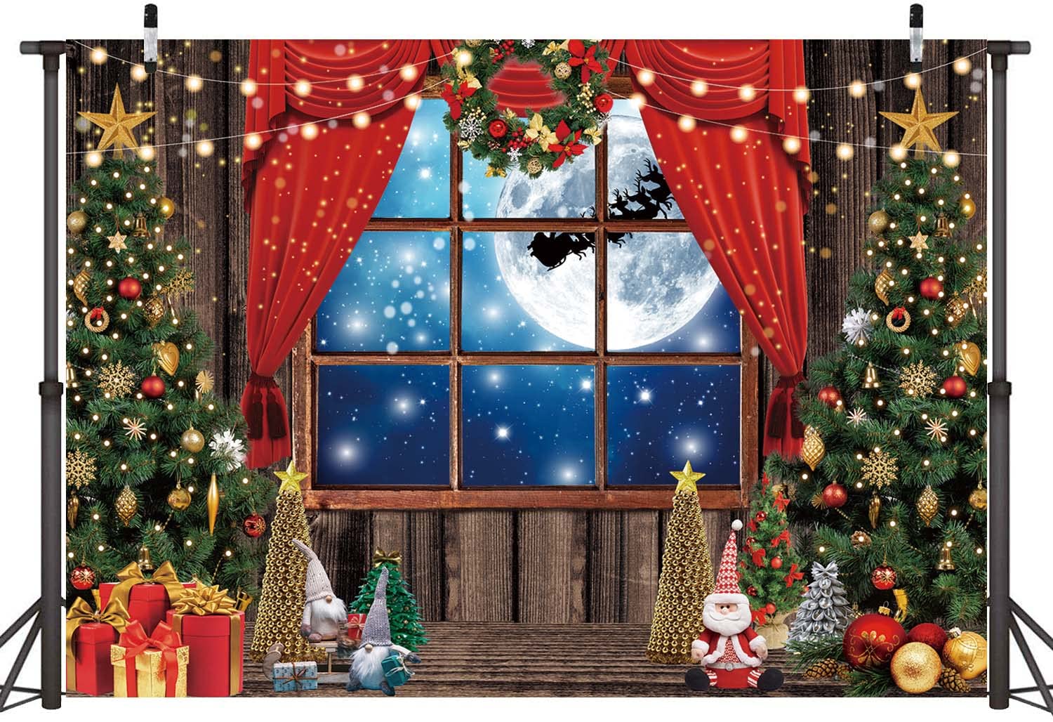 Toile de fond pour photographie de fenêtre de Noël, arbre de Noël, cadeau, style rustique, fenêtre en bois, nuit au clair de lune, décoration pour bébé, enfants, famille, fête, bannière, 2,4