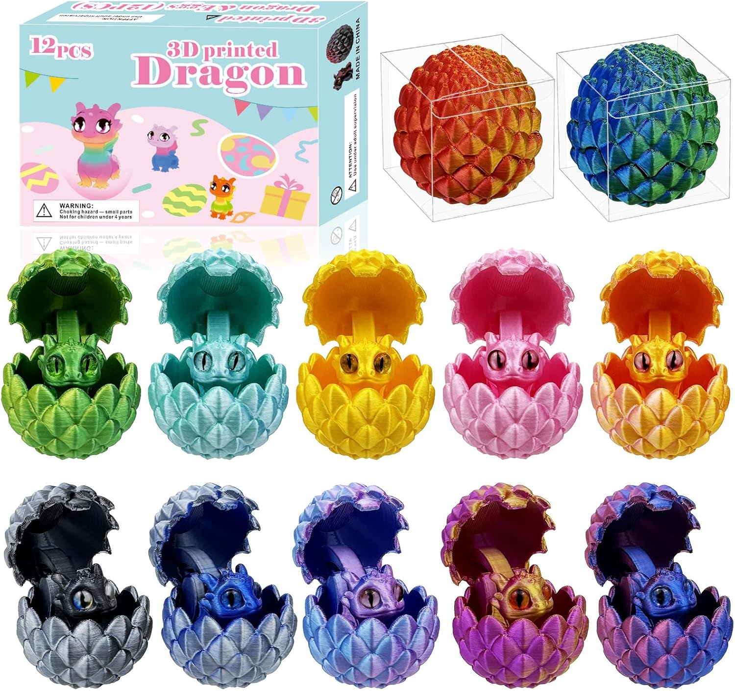 12 PCS Small 3D Dragon Eggs with Dragon Inside, Mini Flying Dragons with Eyes and Wings，Easter Basket Stuffers Mini Animal Easter Egg Set ，Unique Cute Easter Basket Essentials for Kids (F)