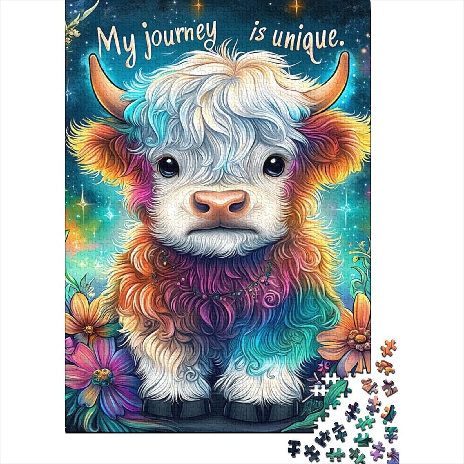 Highland Cow 1000 Piece Jigsaw Puzzle Paper Cartoon Illustration Colorful Animal Art Unique Gift for Adults Wall Art Decor Relaxing Hobby 70x50cm/1000pcs