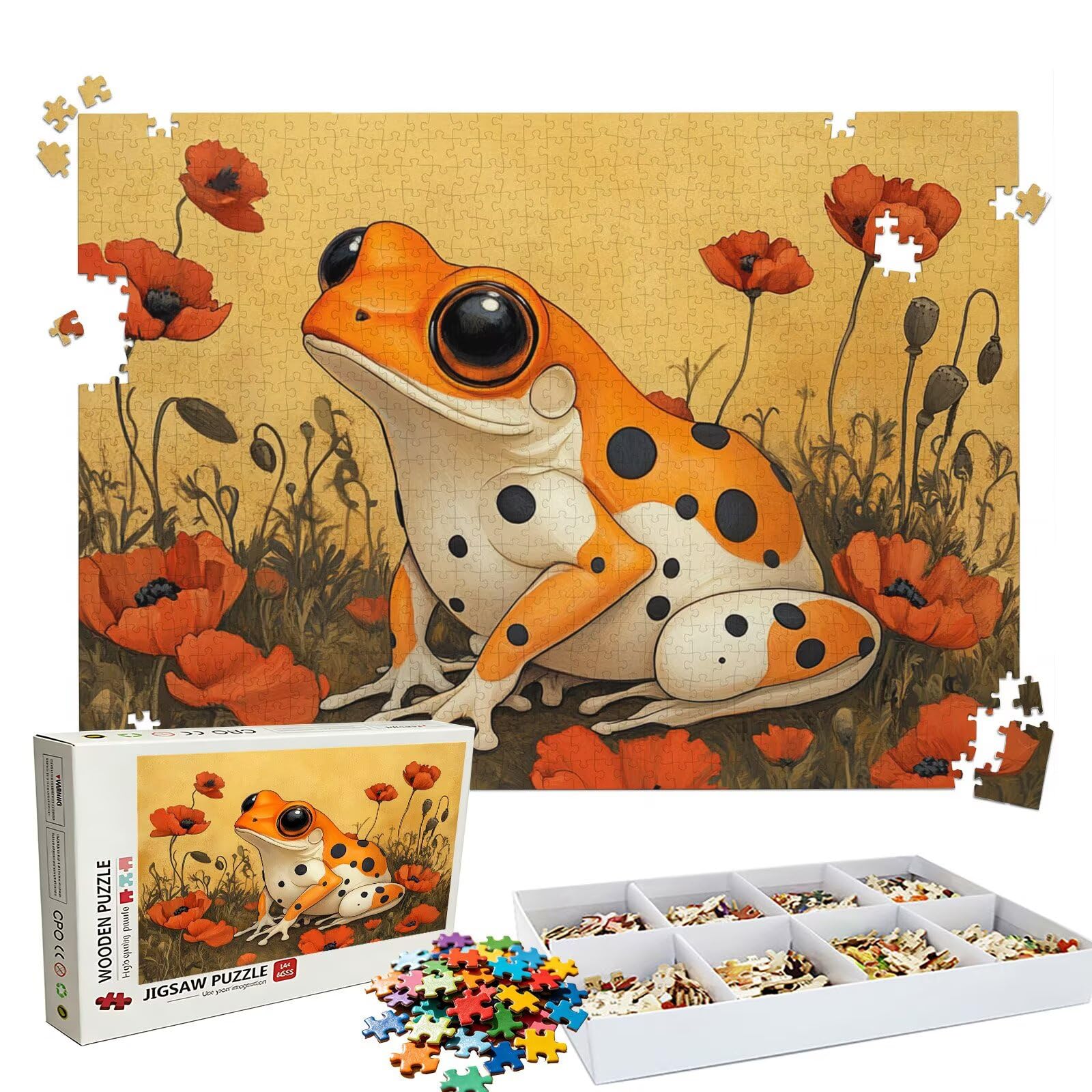 Puzzle 1000 elementów, puzzle 1000 elementów dla dorosłych, trudne puzzle, druk w wysokiej rozdzielczości i jasne kolory, drewniane puzzle żaba mak z wykwintnym pudełkiem do pakowania W3H-419