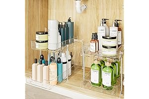 2 Tier Under Sink Sliding Clear Shelf Organizers for Storage with Pull-Out