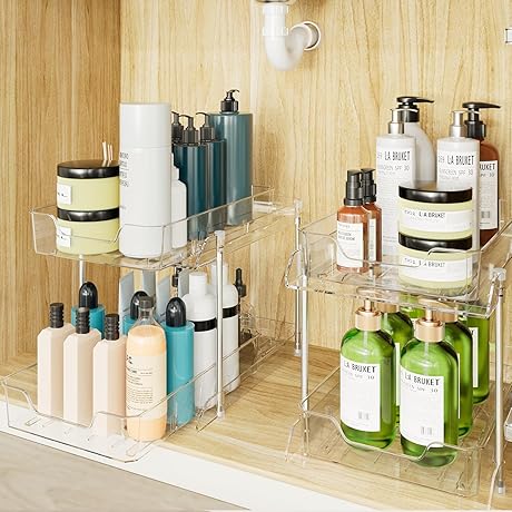 2 Tier Under Sink Sliding Clear Shelf Organizers for Storage with Pull-Out