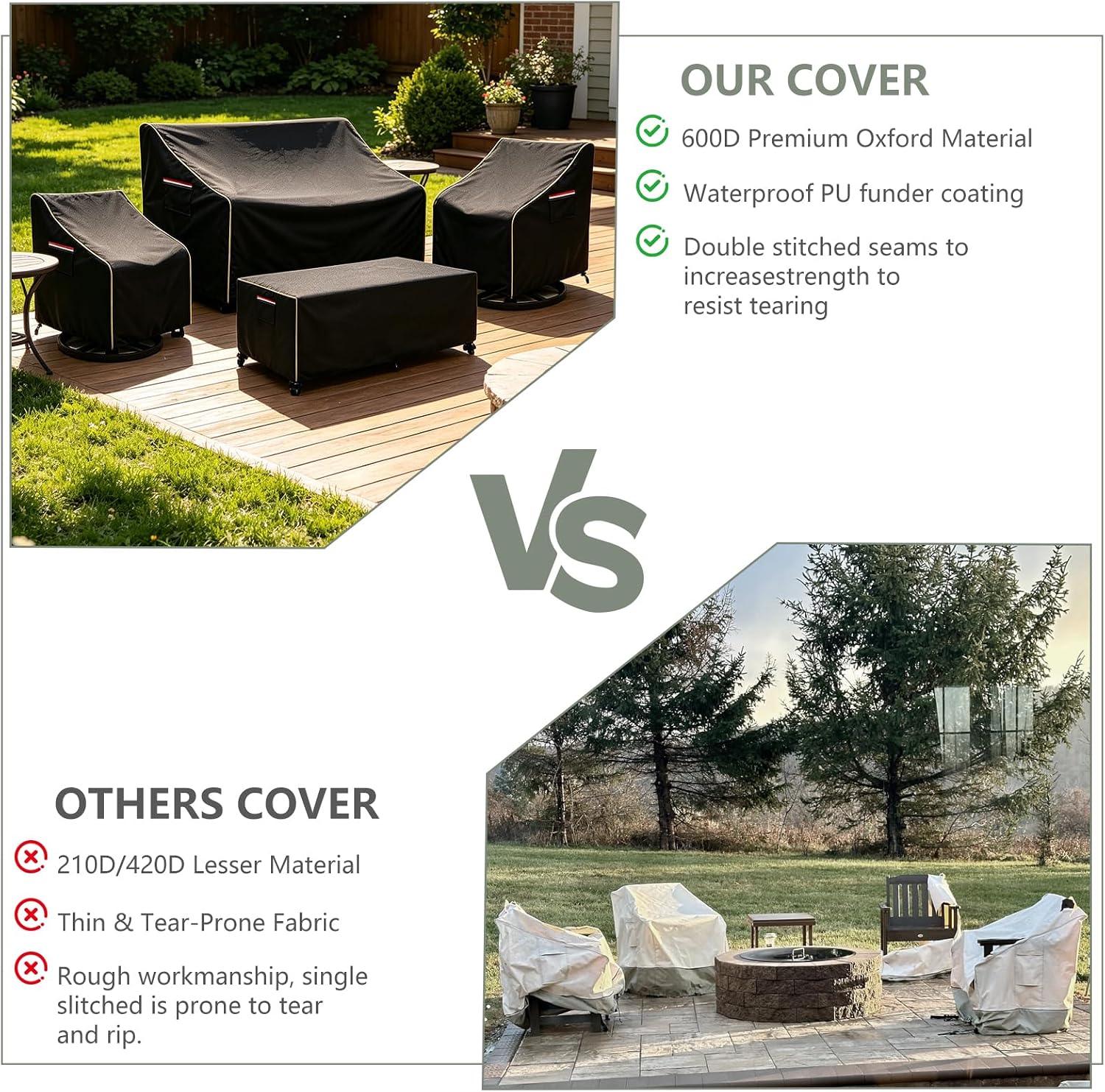 4-Piece Patio Furniture Cover Set, 600D Heavy Duty Outdoor Furniture Covers Waterproof — Fits 3-Seater Sofa, Swivel Rocker Chair & Coffee Table, All Weather Outdoor Protection, X-Large