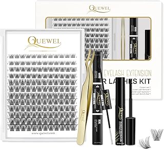 DIY Eyelash Extensions Kit, QUEWEL Lash Clusters 144 Pcs, Cluster Lashes Golden Lashes Tweezers, Eyelashes Clusters Bond and Seal Waterproof, Clusters Lash Glue Remover for DIY Lash Extensions (QU-RR-DH-02)