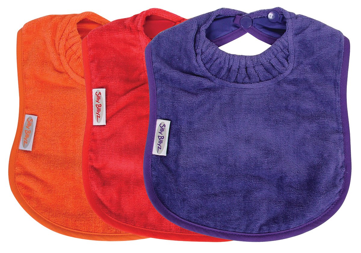 Premium Toweling Bibs 3-Pack Waterproof with Snuggle Neck Leak Guard - Red/Purple/Orange