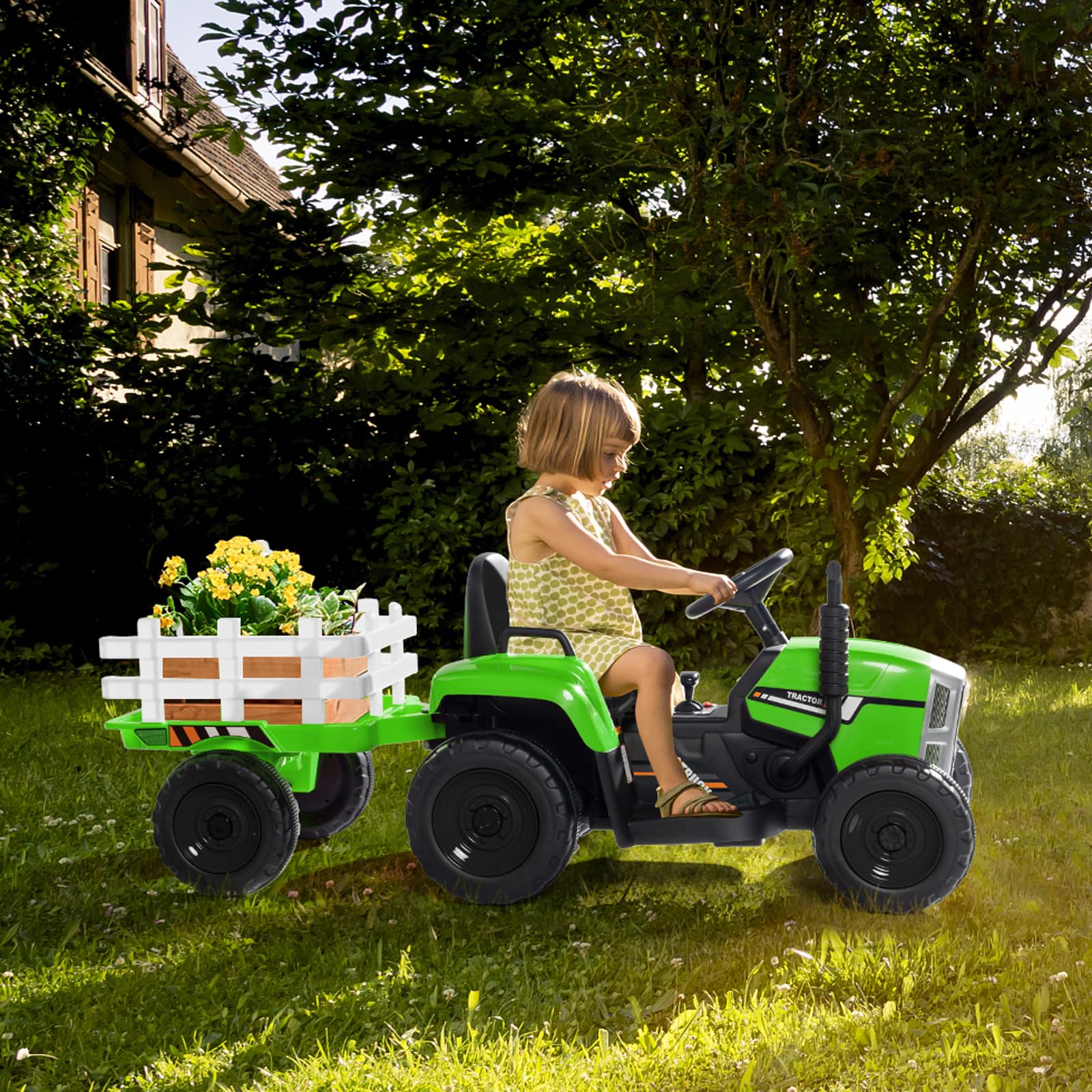 LALAHO Kinder Traktor mit abnehmbarem Anhänger LED Musik USB Hupe | Aufsitztraktor mit vielfältigen ofunktionen für Kleinkinder