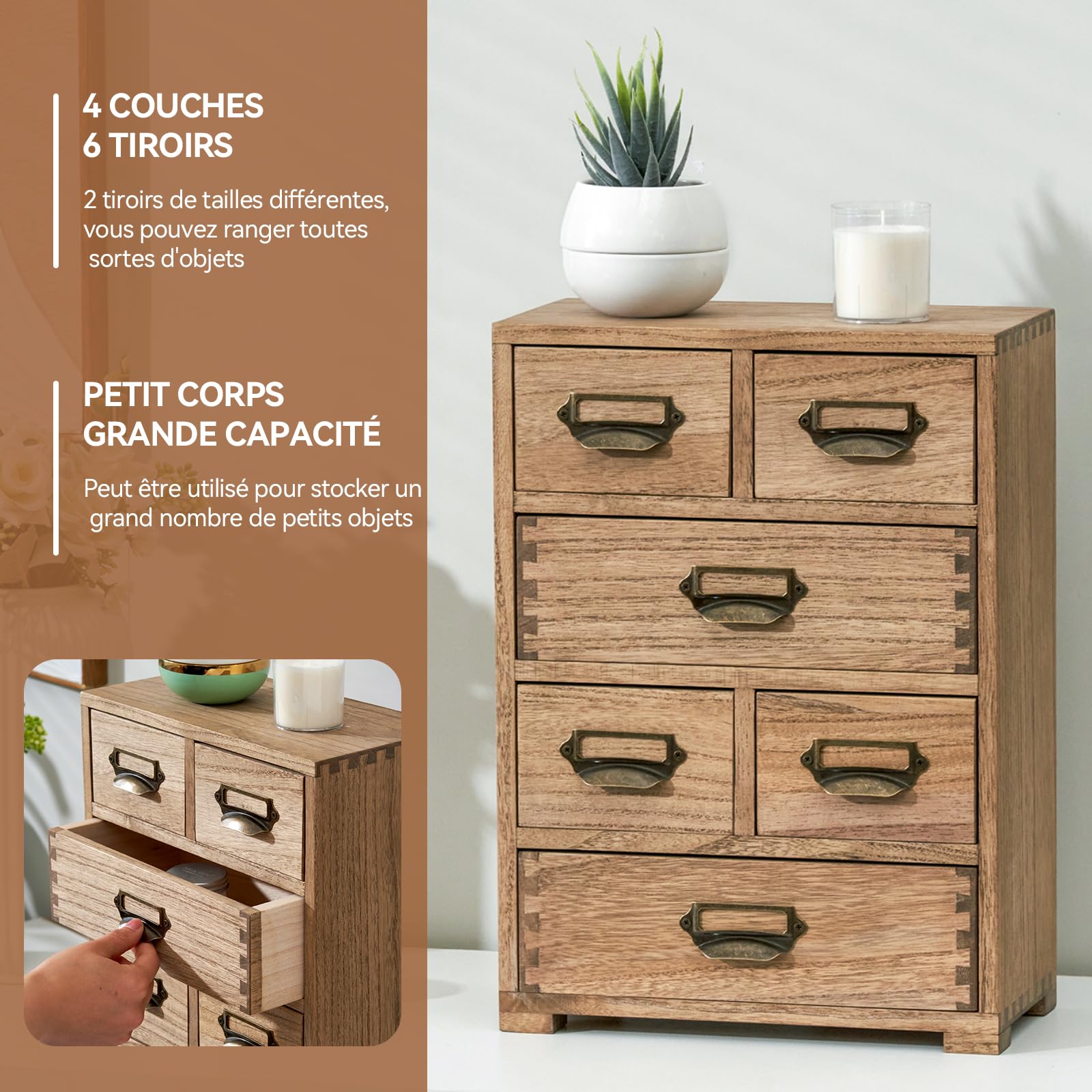 KIRIGEN Boîte de rangement en bois massif 4 étages Organisateur de bureau tiroir multifonctionnel brun