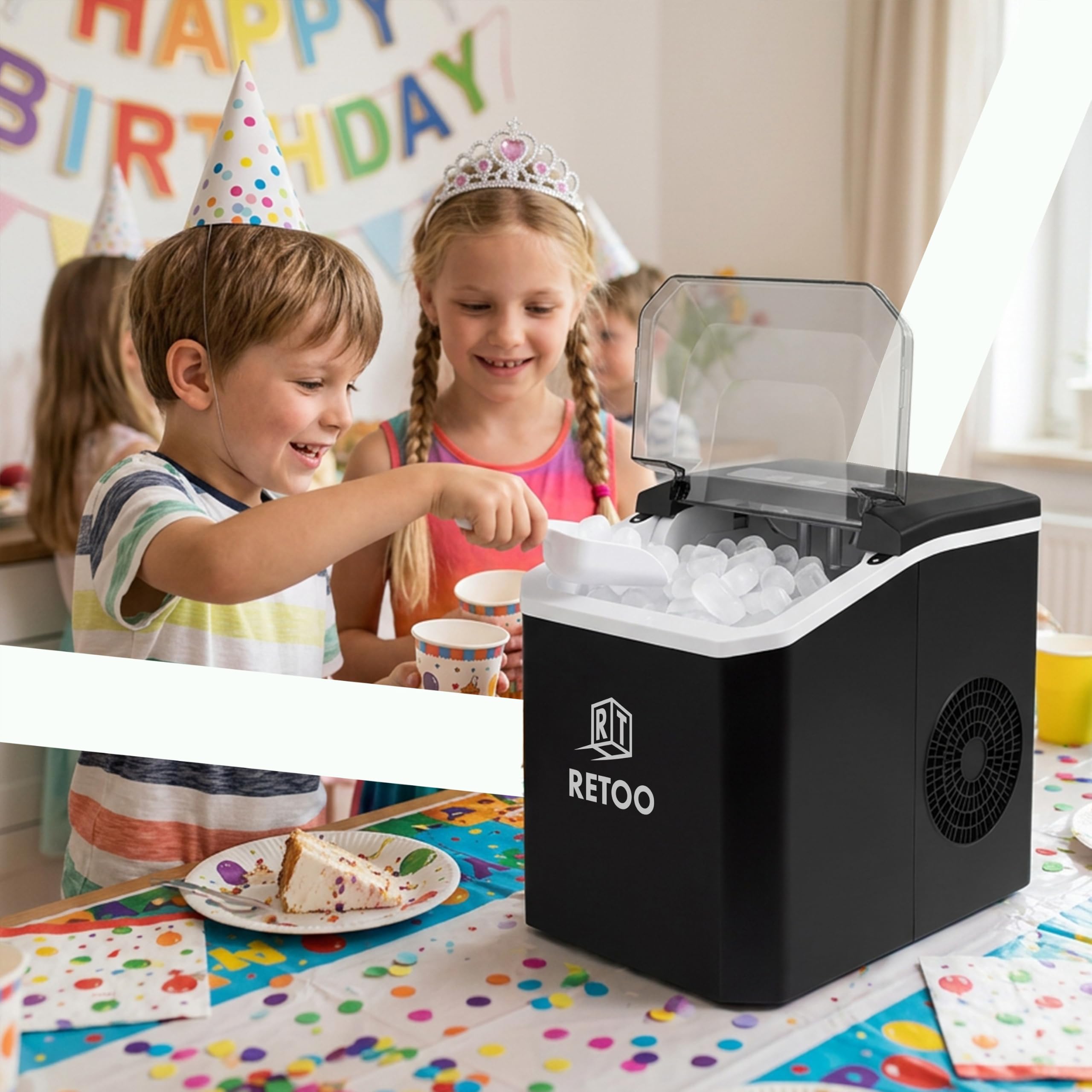 Retoo Eiswürfelmaschine 12 kg/24h, 9 Eiswürfel/6–12 Min | Selbstreinigung, 1,5 l , 2 Eisgrößen, Display, Wasserstandsanzeige, 0,7 kg Eisbehälter, 120 W