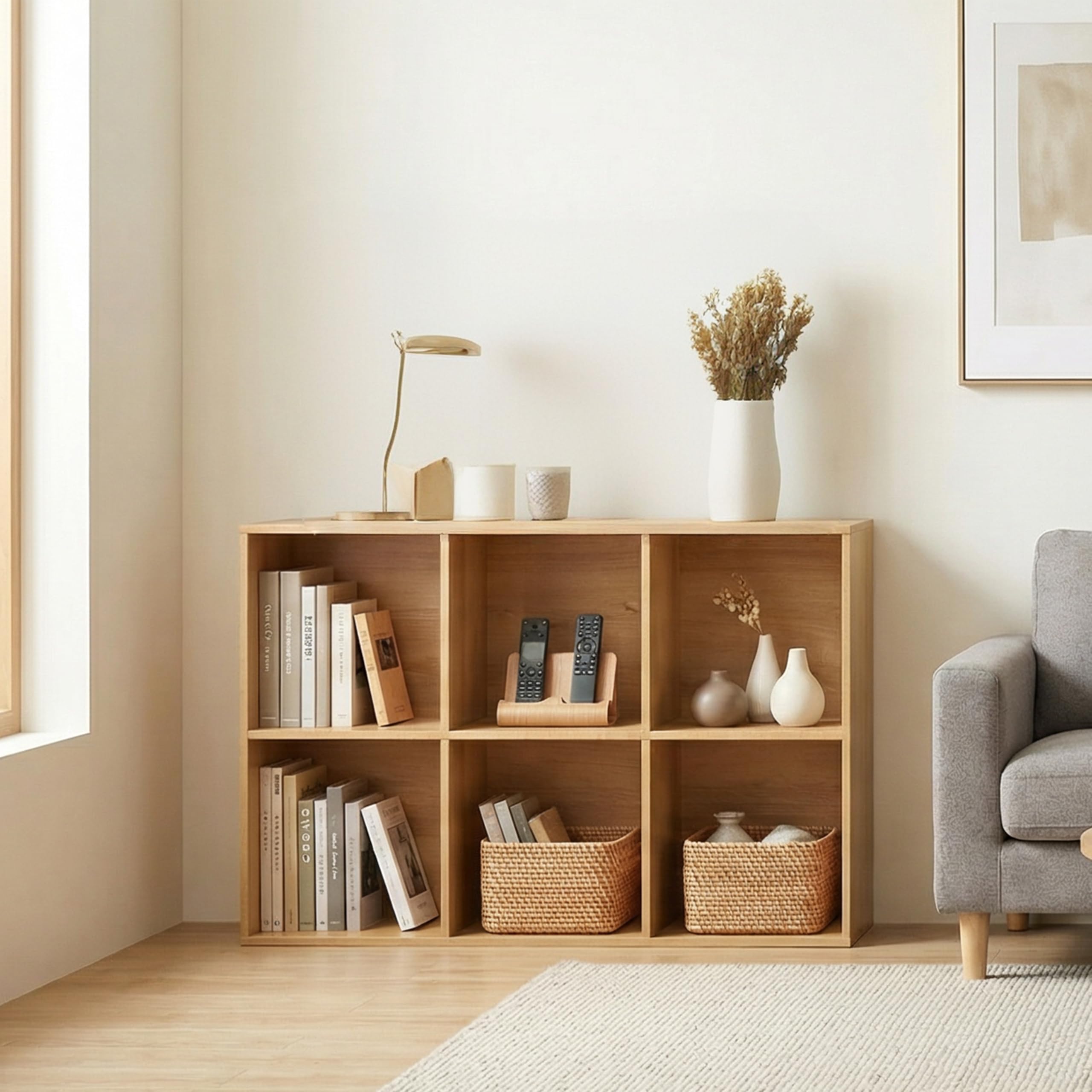 Bibliothèque Meuble de Rangement 6 Cubes, Étagère à Casiers en Bois avec Panneau Arrière, Bibliotheque Cubique, Armoire de Rangement Moderne Présentoir pour Chambre/Salon/Bureau, Chêne Naturel