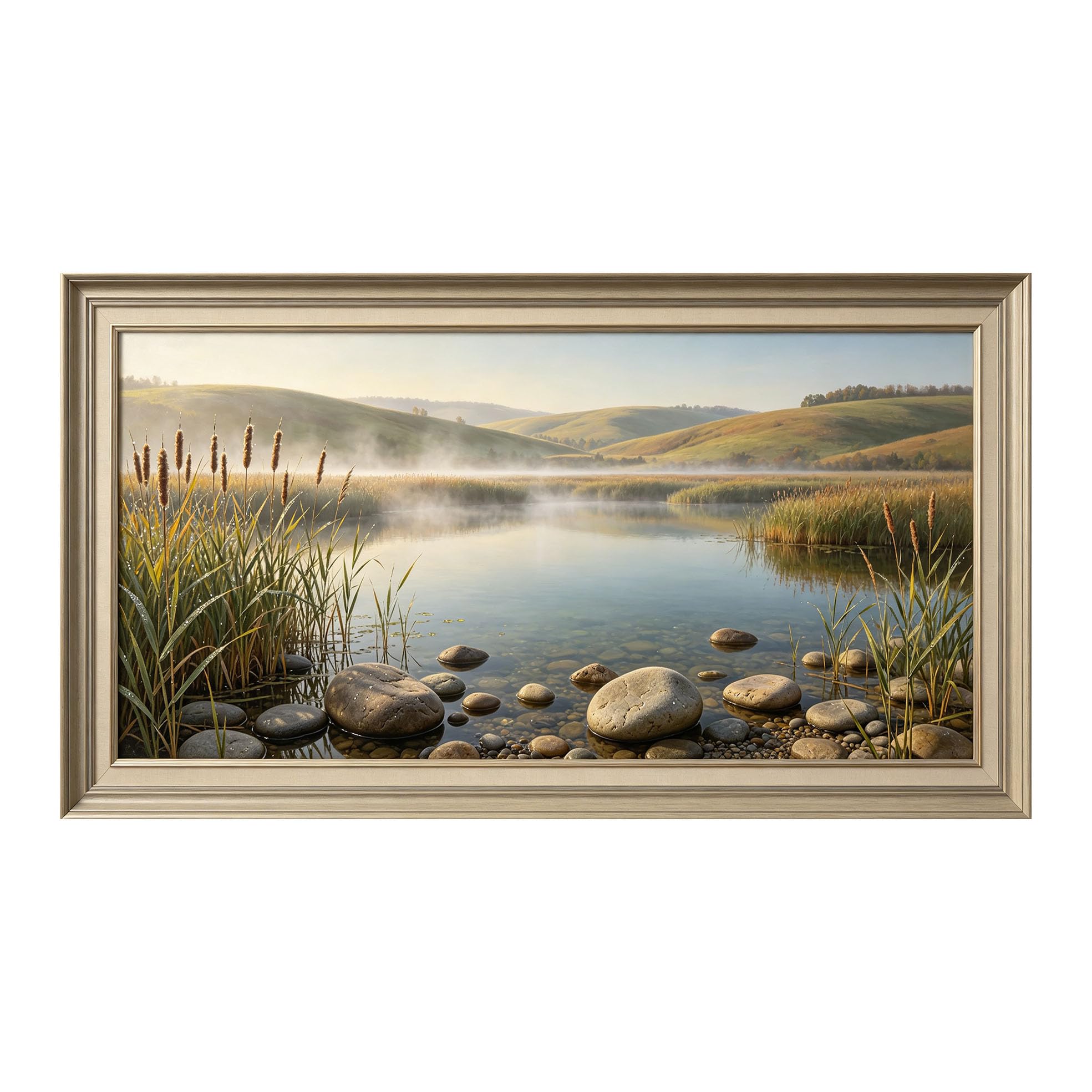 Yzpallescene 3D Framed Wall Art 50cm×100cm Misty Lake Meadow Landscape Panoramic Impressionist Oil Painting Large Size SelfAdhesive Removable Wall Decor Prints Artwork for Living Room Bedroom Office