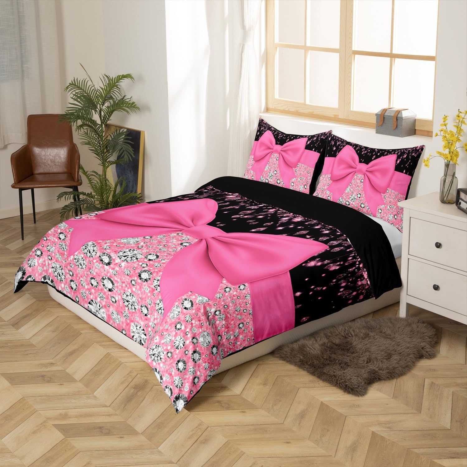 Erosebridal Pink Bowknot Duvet Cover Set Kawaii Bow Knot Twin Bedding Sets for Girls,Silk Ribbon Comforter Cover Glitter Sequin Print Diamond Bed Set,Dreamy Princess Style Cute Pink Room Decor