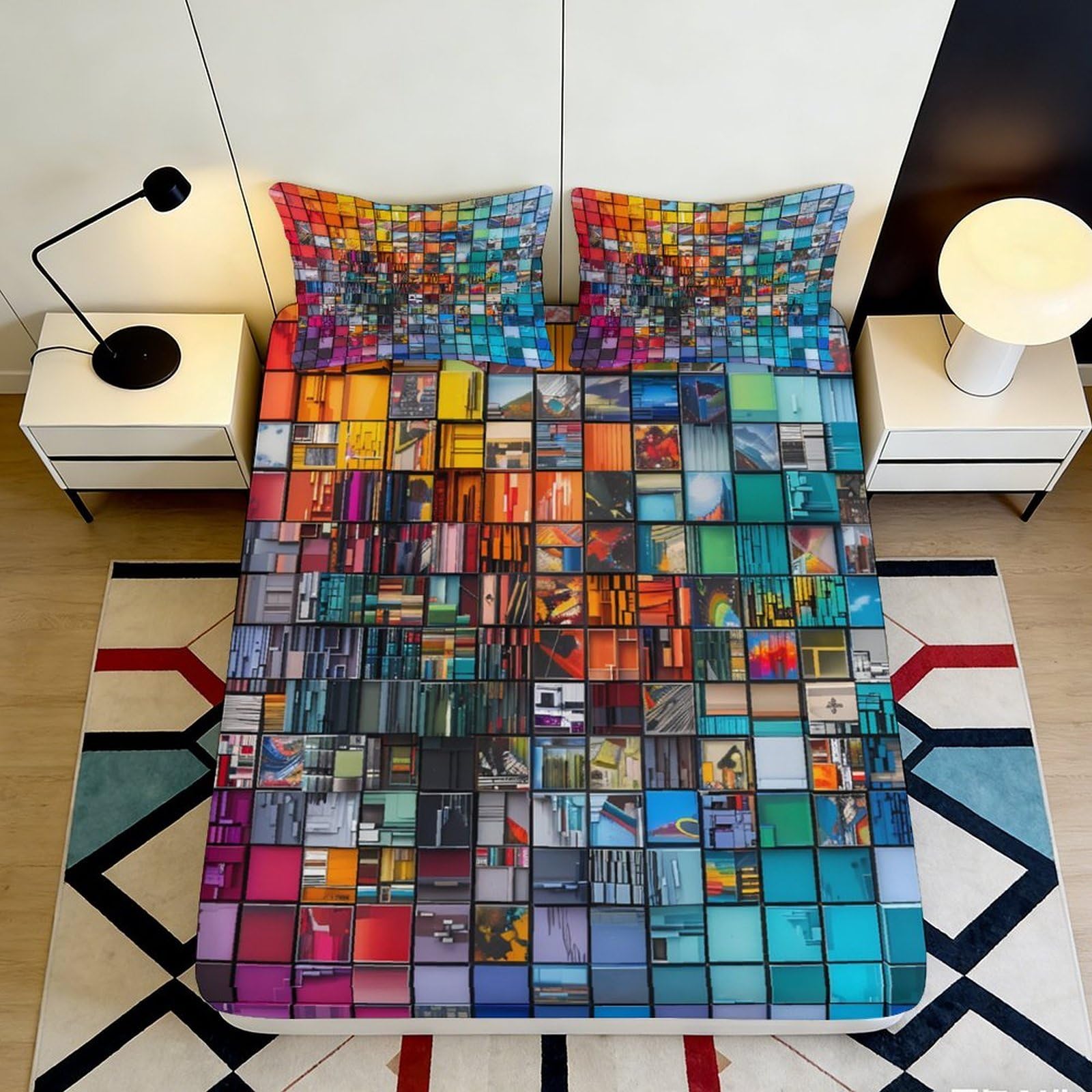 Pnayamiorkfel Style-4 3D Printed Colorful Mosaic Fitted Sheet Microfiber Soft Breathable Abstract Blocks Bed Sheet For Bedroom Guest Room Decor 90X200x25cm