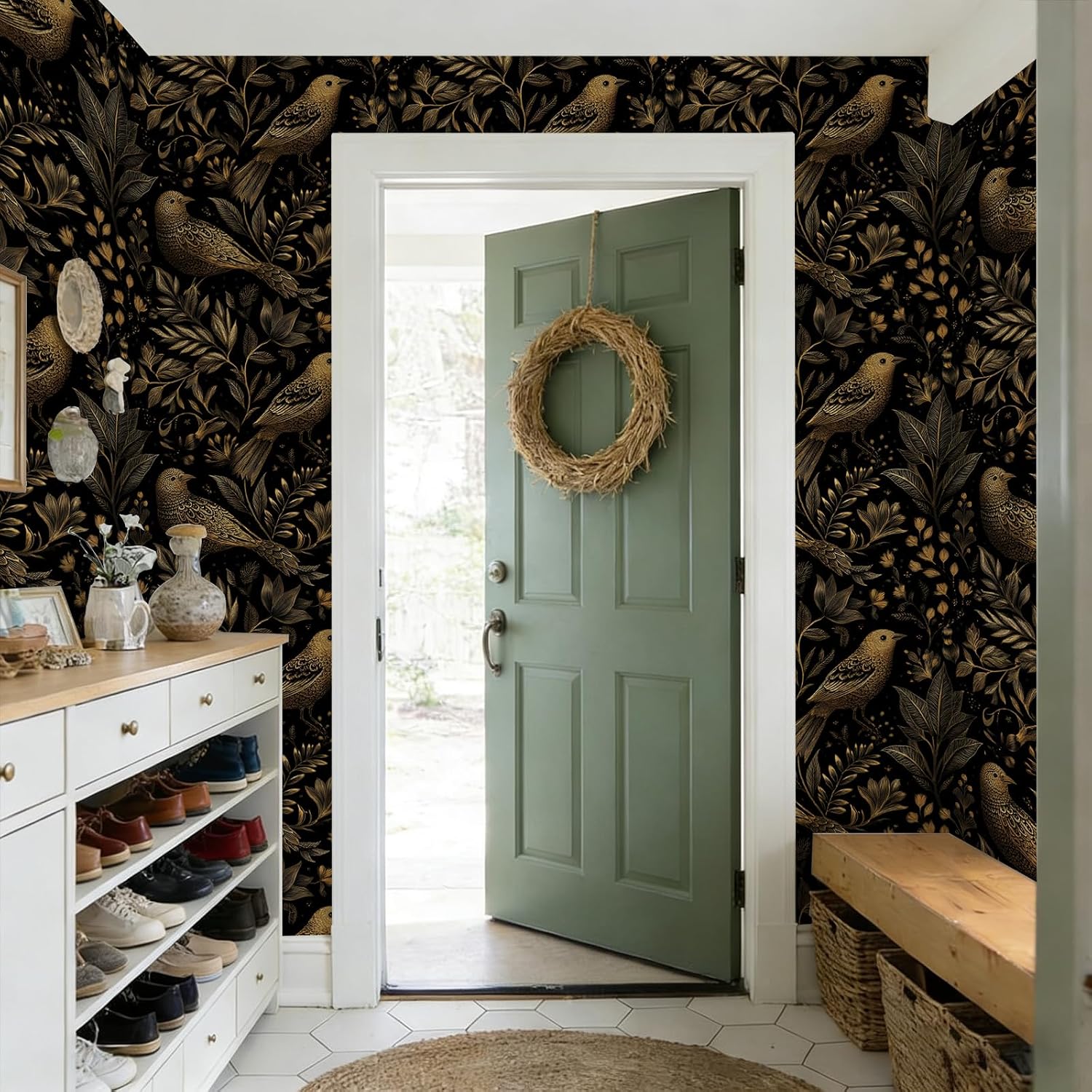 Stickorama Vintage Leaf Floral & Bird Peel and Stick Wallpaper Self Adhesive 17.72" x 118.1'' Black and Gold Renter Friendly Removable Waterproof Wall Paper for Dining Room Bedroom