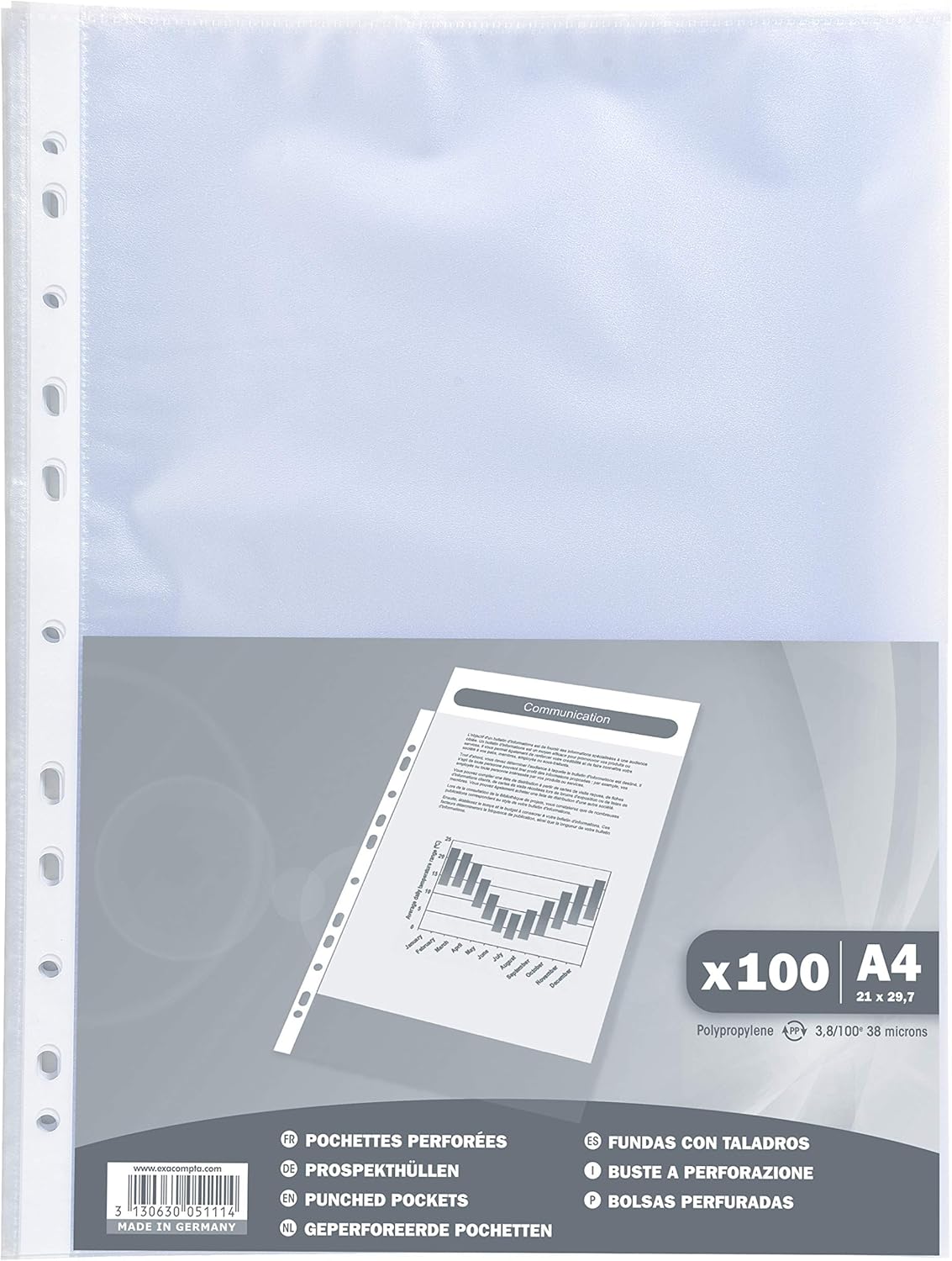 Exacompta - Ref 5111E - PP Punched Pockets (Pack of 100) - Suitable for A4 Documents, 0.04mm Grained Effect Polypropylene, Pre-Punched Spine for Use in Folders - Clear