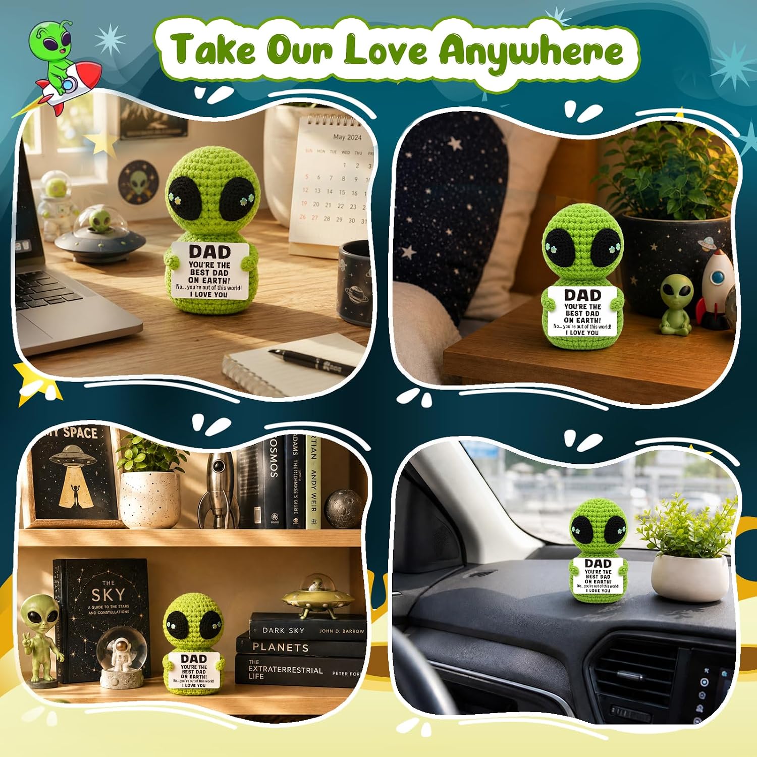 OCCdesign Gift for Dad for Him Positive Father Day Birthday Gifts from Daughter Son Husband Step Presents Appreciation Alien Handmade Crochet Desk Decor with Fathers Day Card