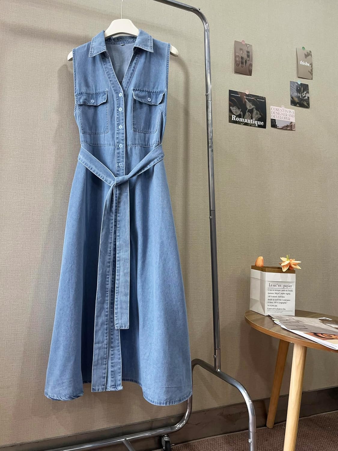utcoco Womens Summer Casual Belted Sleeveless Denim Shirt Dresses Button A-Line Swing Jean Long Dress - Image 5