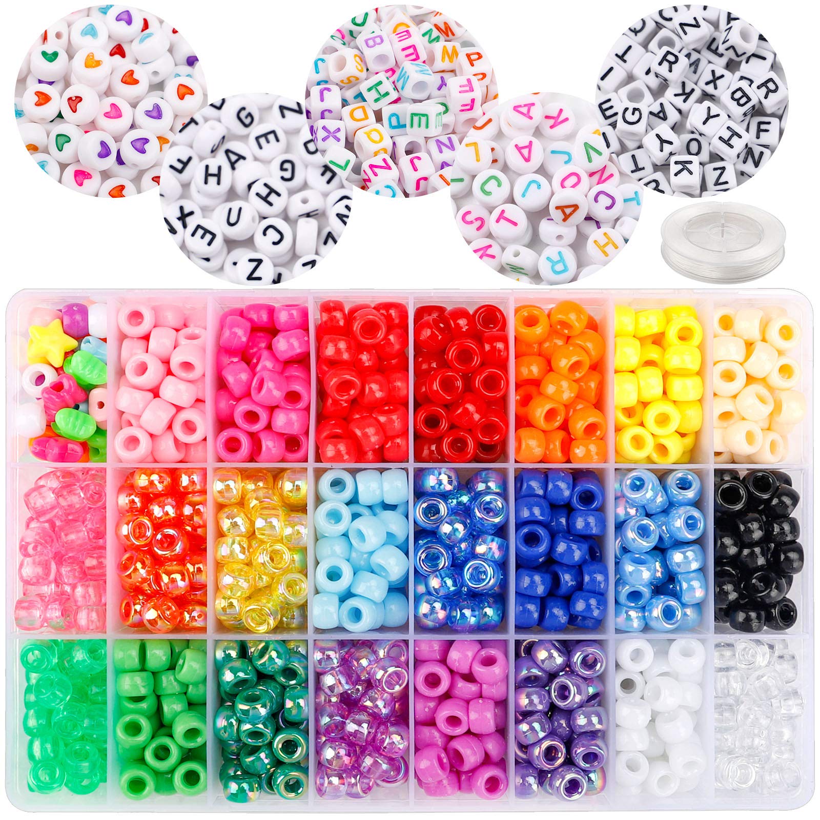 DICOBD 1900pcs Bead Set, 1200 Plastic Beads and 700 Letter Beads, 24 Color Rainbow Beads 5 Type Alphabet Beads for Bracelets Jewelry Making with 9 Meter Elastic Threads