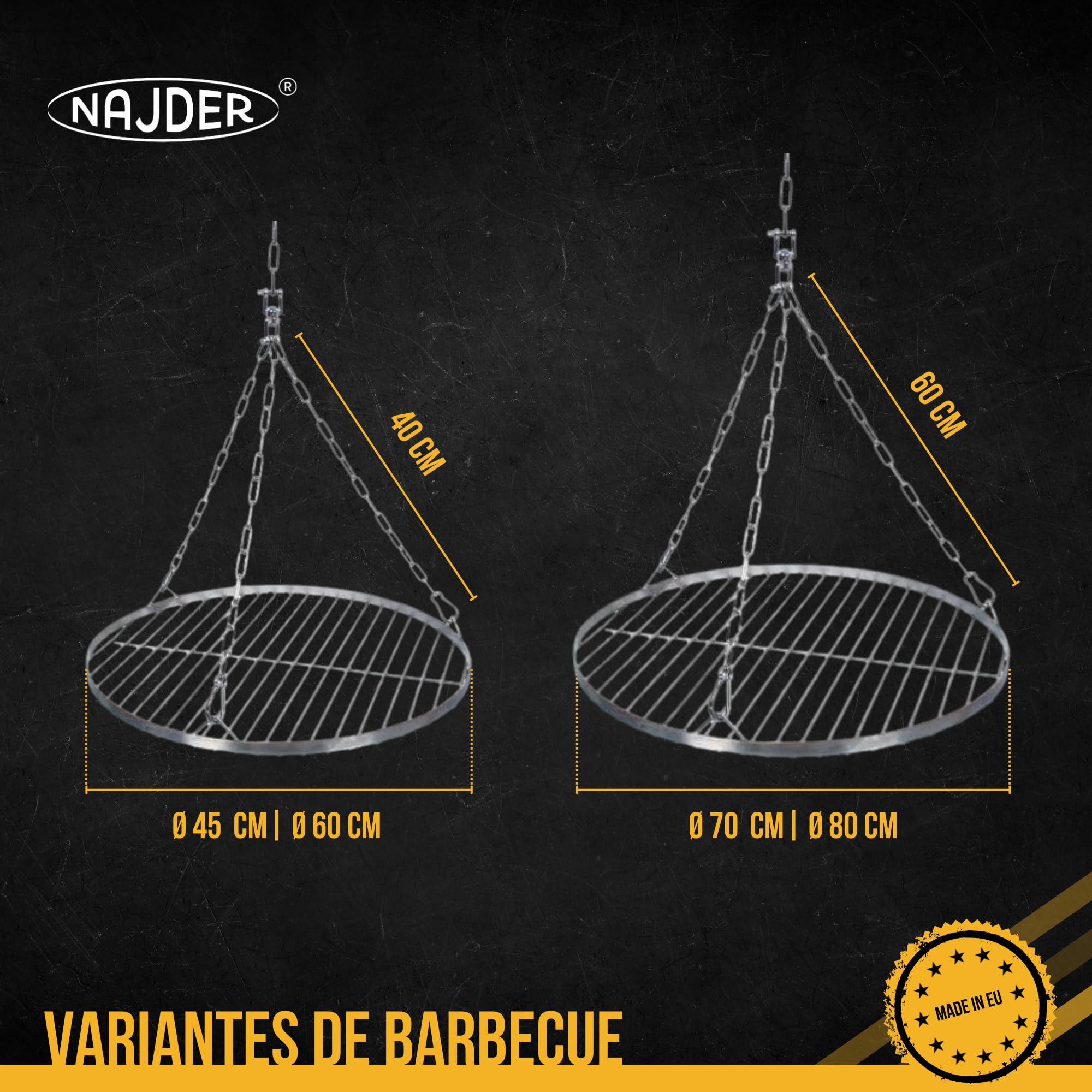 NAJDER Set de Grille Ronde en Acier Inoxydable Ø600 mm avec Chaîne de Suspension Ø3 mm, Grille Ronde pour Barbecue Pivotant avec Jeu de Chaînes, Émerillon et Mousqueton, pour Barbecue Suspendu