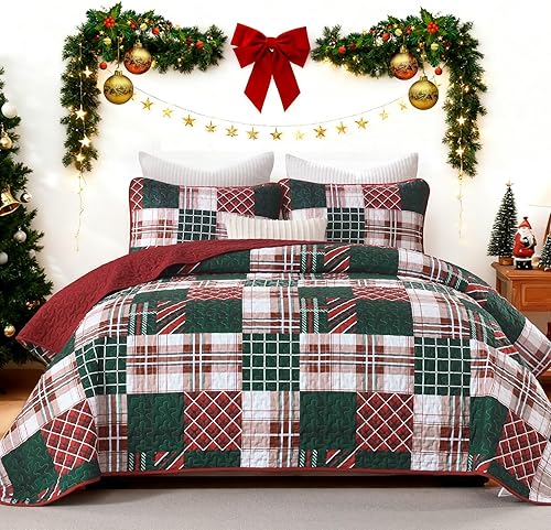 Miniatura 9 de DJY Juego de edredón de Navidad tamaño King, juego de colcha de rayas verdes bohemias, suave, ligero, festivo, Año Nuevo, juego de ropa de cama de 3