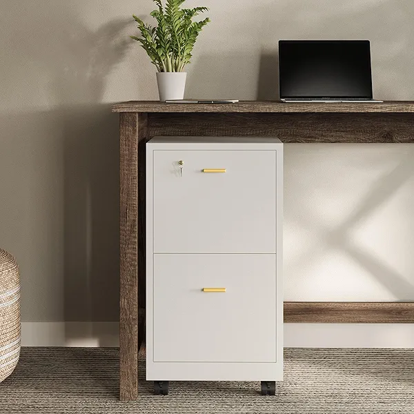 Lavish Home 2 Drawer File Cabinet - Filing Cabinet with Lock - Rolling File Cabinet for Under Desk Storage - Wood Filing Cabinet for Home or Office Organization (White)