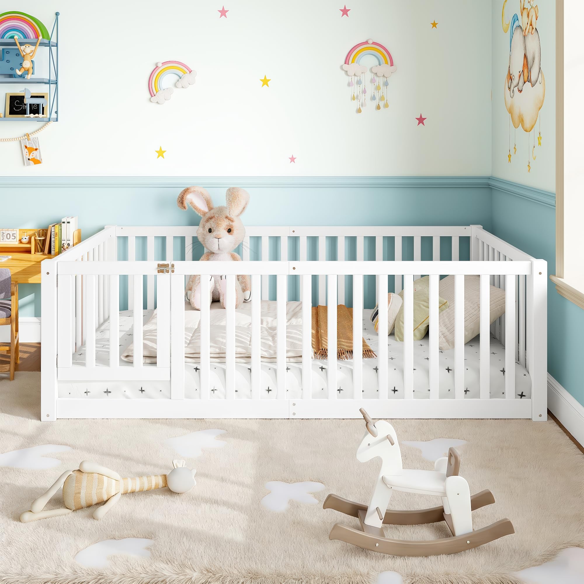 Bellemave Twin Kids Montessori Floor Bed with Door and High Fence,White