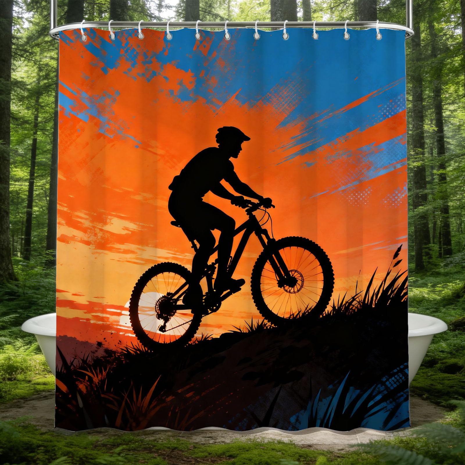 Hongduo 3D Mountain Bike Shower Curtain for Stalls Bathtubs Silhouette Bathroom Decor Shower Curtain Set Polyester Fabric Waterproof 180x180cm/71X71 Inch with Hooks
