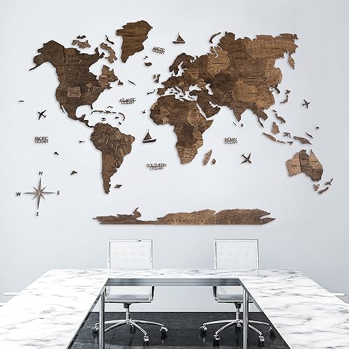Miniatura 4 de Arte de pared de madera 3D hecho a mano con mapa del mundo, decoración de pared grande, rastrea tus viajes por el mundo, especial para el hogar, la