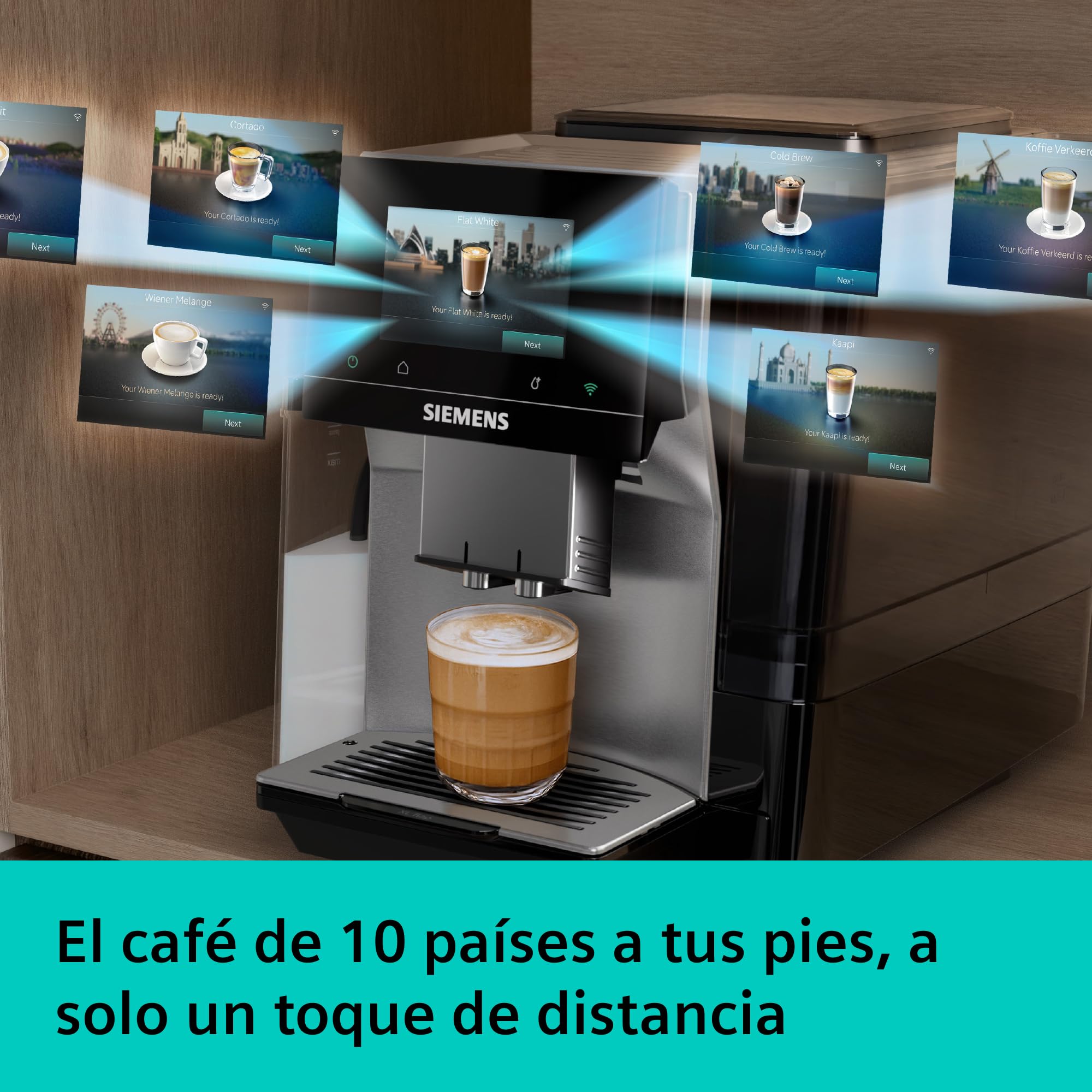 SIEMENS, Cafetera Superautomática, EQ700 iAroma, pantalla táctil, depósito de leche integrado, calentador de tazas, Cold Brew y Slow Brew, app Home Connect, acero inoxidable negro, TQ727E03