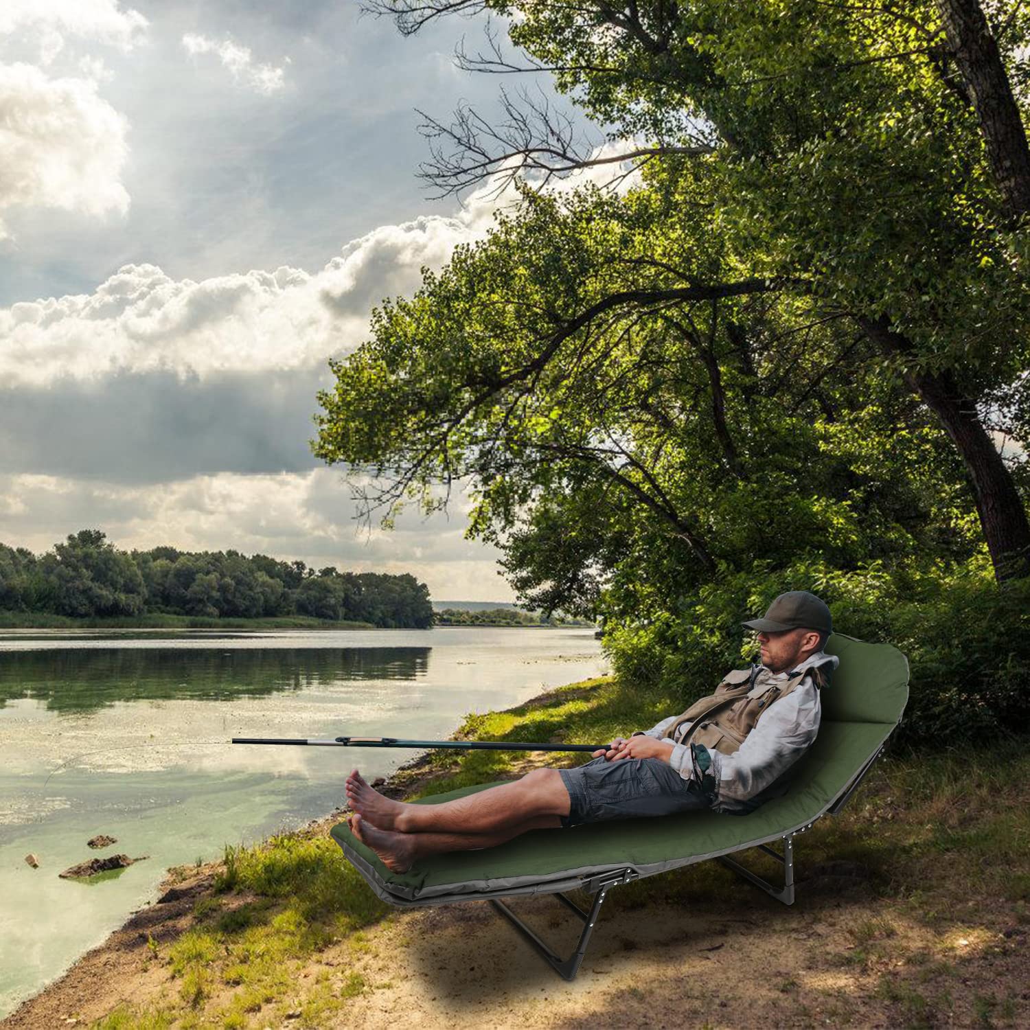 Gimisgu Lit de Pêche Carpe 200x 64 x 32 cm, Bedchair Carpe Pliable 8 Pieds avec Dossier Réglable, Appui-tête Rembourré, Poche Latérale, Lit Pliant pour Pêche Camping Outdoor