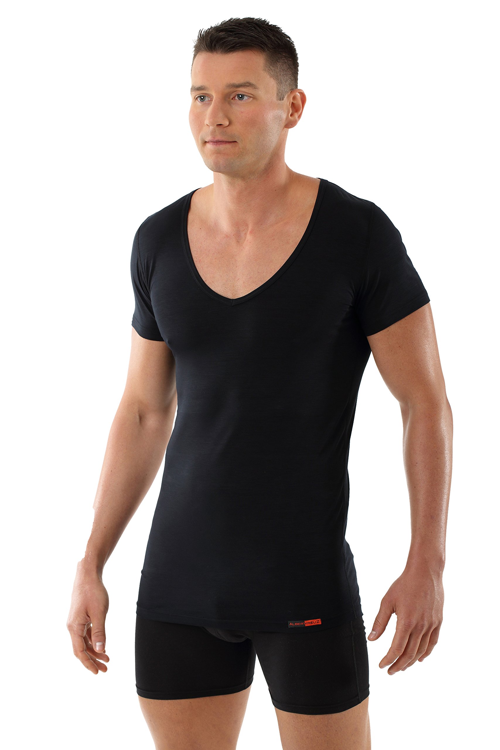 ALBERT KREUZ Maglietta Intima Nera da Uomo con Maniche Corte e Scollo a V Profondo (Deep-V) in Micromodal Elasticizzato, leggerissimo e Traspirante