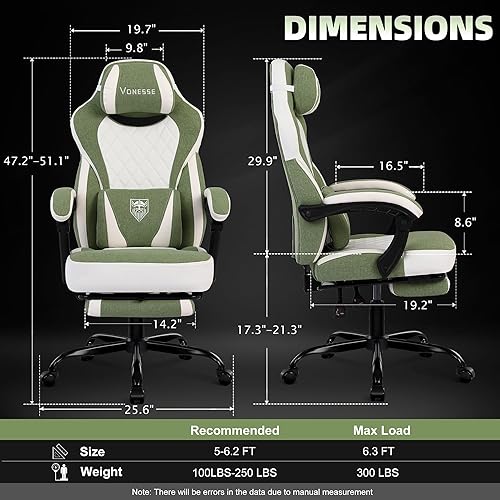 Miniatura 3 de Vonesse Silla de Juegos, Sillas de Juegos de Tela Reclinables para Adultos 250 LBS, Silla de Oficina con Cojín de Resorte de Bolsillo, Silla de