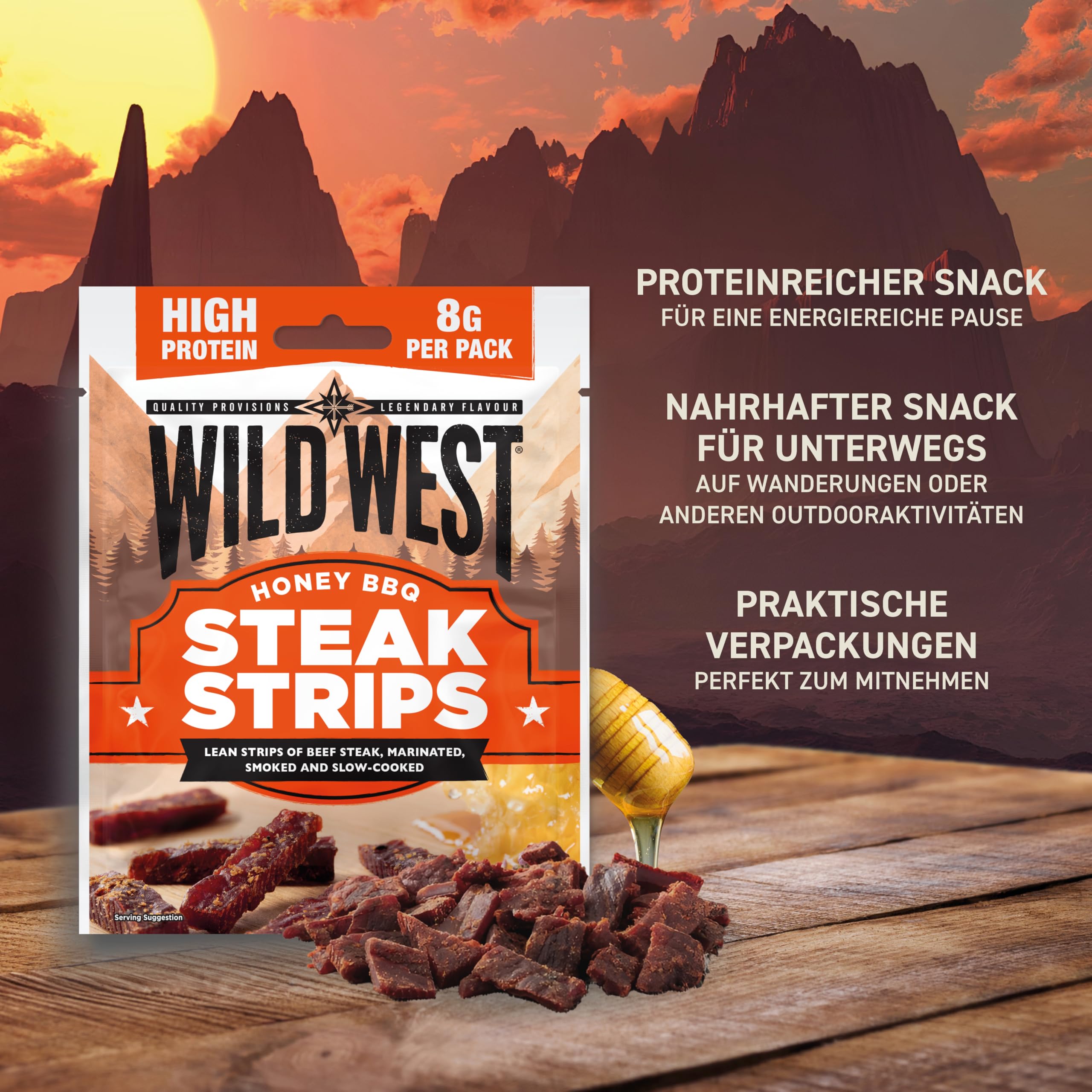 Wild West Steak Strips, 16 x 25g Honey BBQ Rindfleisch, Beef Jerky high Protein Trockenfleisch, Protein Snack