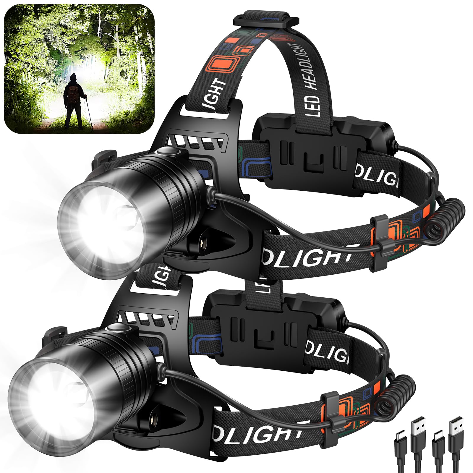 crazybrace Rechargeable Led Headlamp 2Pack, 3000 Lumen Super Bright Head Lamp with 3 Modes & 12H Long Runtime, Brightest Headlamp 90° Adjustable, Powerful Waterproof Headlamps for Adults Camping
