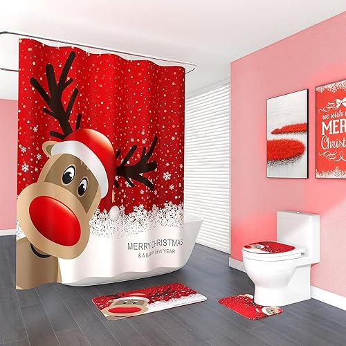 Miniatura 21 de Juego de 4 cortinas de ducha con diseño de Feliz Navidad con alfombras de baño antideslizantes, tapa de inodoro, tapete de baño, cortina de ducha, 4