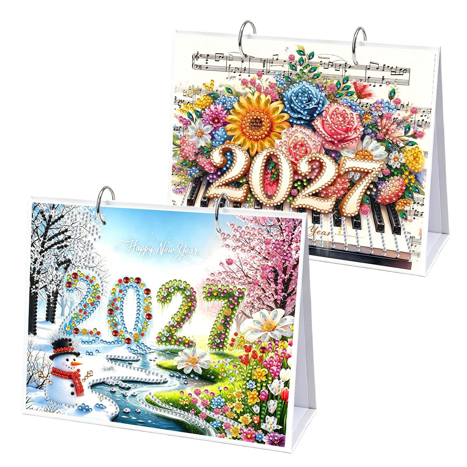 Lebartm 2Pcs 2027 DIY Diamond Art Desk Calendar 12 Month Double Sided Design with NOTES Ornaments Gemstone Painting Monthly Flip Tabletop Calendar for Office Home Planning-04