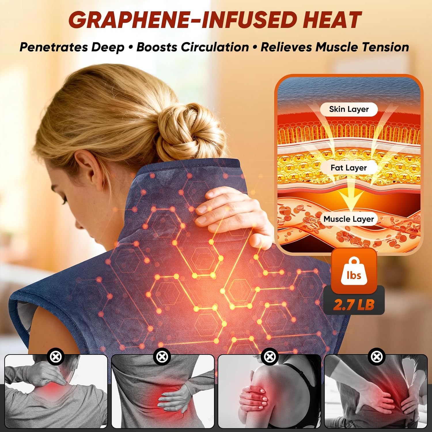 Heating Pad for Back Neck & Shoulders, 2.7lb Weighted Electric Graphene-Infused Heat Pad for Pain Relief, Wearable Full Body Large 24"x35" Fast Heating, ETL Certified, Gifts for Women, Men, Mom, Dad - Image 3