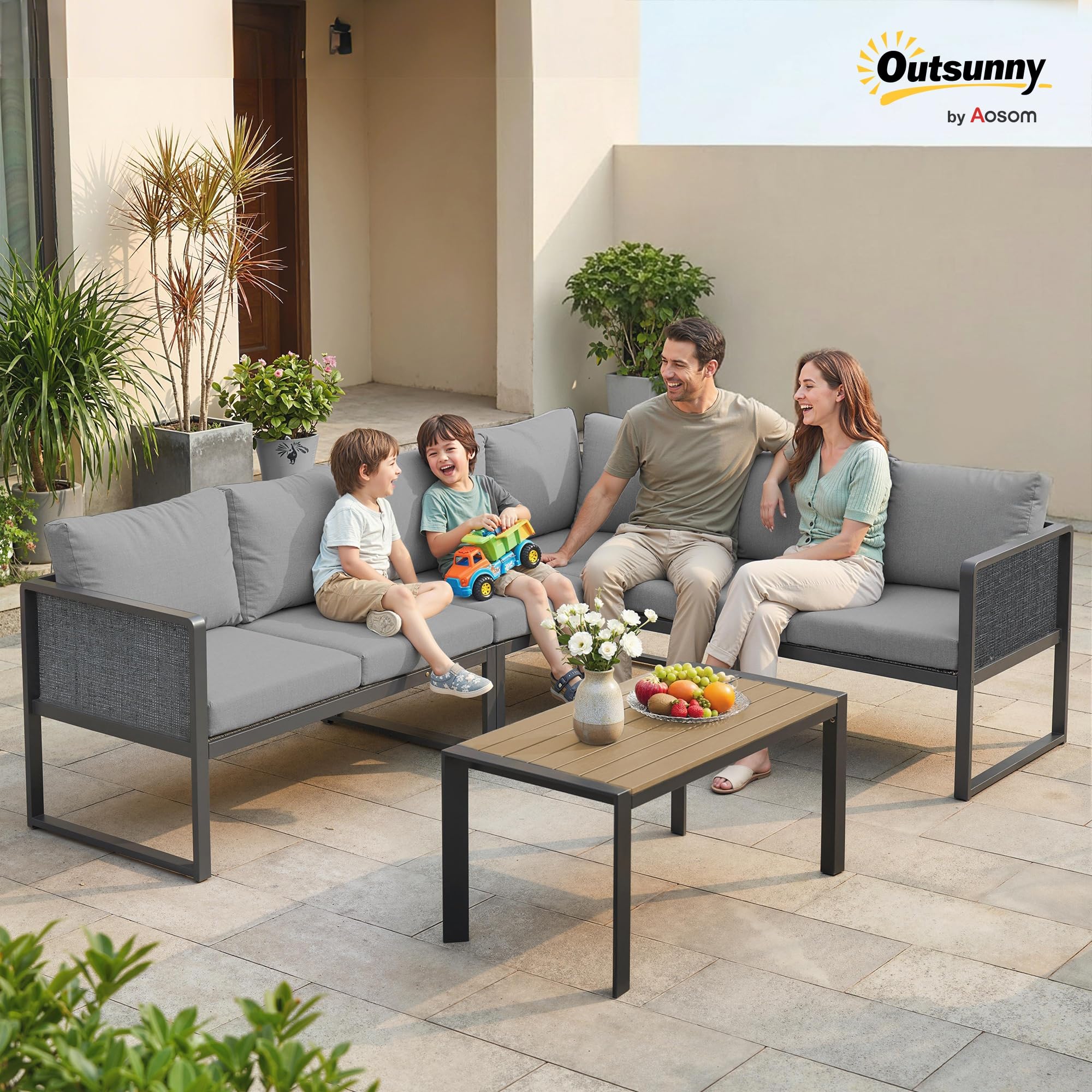 Outsunny Salon de Jardin Extérieur d'angle Modulable 6 Personnes Gris Foncé | Canapés, Table Basse à Lattes Effet Bois, Coussins, Structure en Métal et Textileline, Mobilier de Jardin Terrasse Balcon