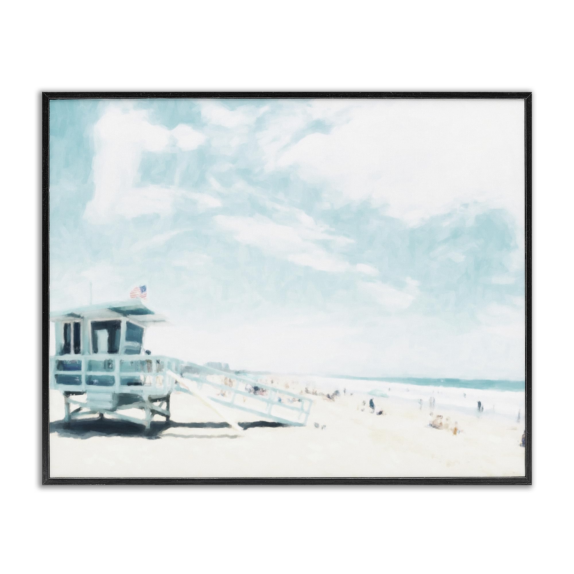 Stupell Industries Midnight Black (Textured) 'Blue Beach Station'| Framed Giclee Art