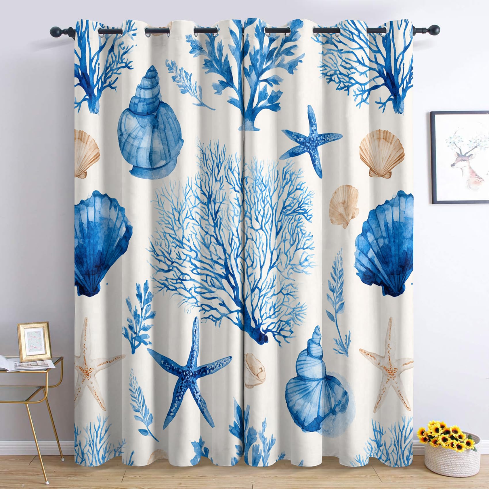 Coastal Beach Blackout Curtains for Bedroom Living Room, Coral Seashell Seahorse Curtains 52 x 62, Thermal Insulated Eyelet Ocean Themed Window Treatments 62 Drop, 2 Panels Drapes, Home Decor